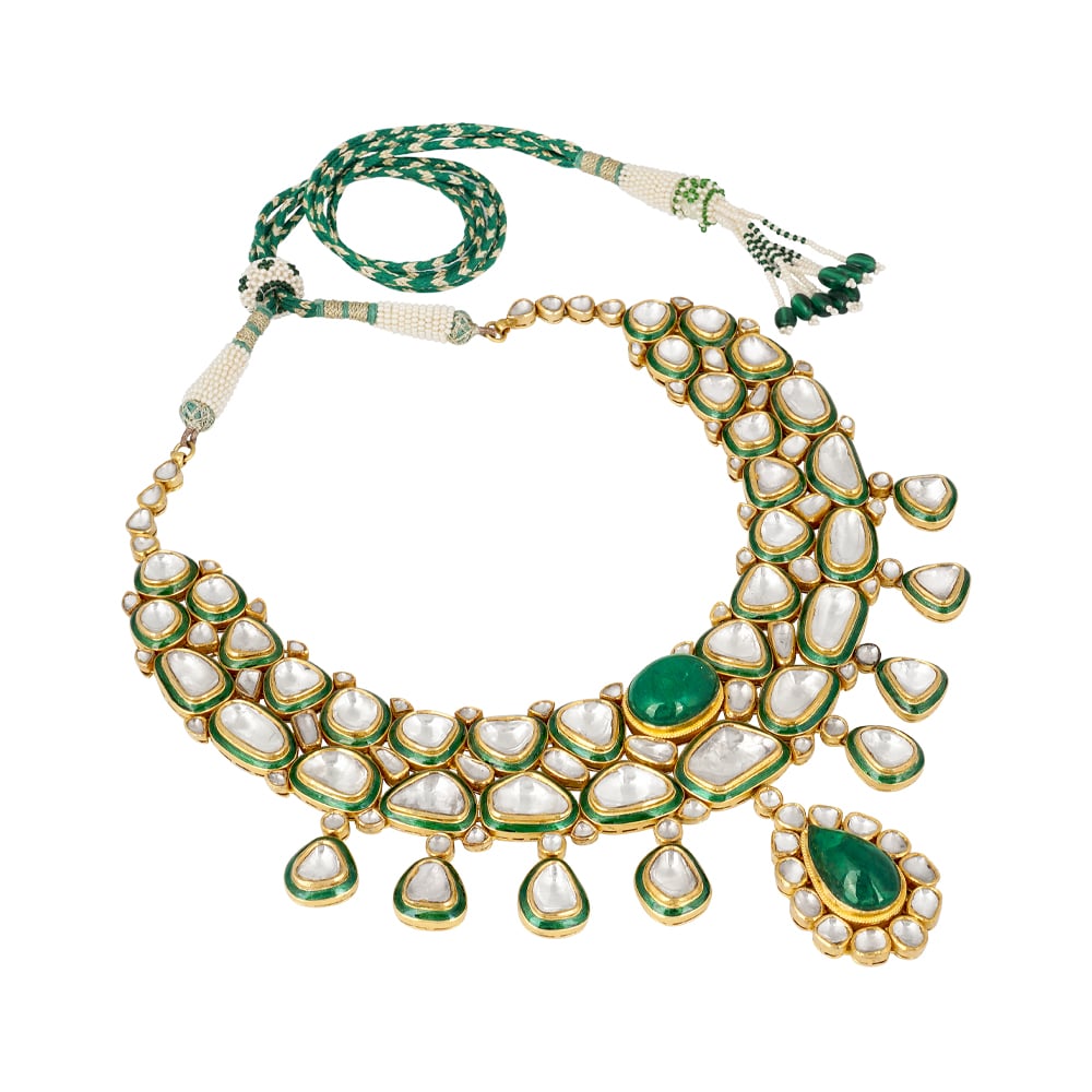 Polki Necklace with Green Meena and Emerald Cabochons